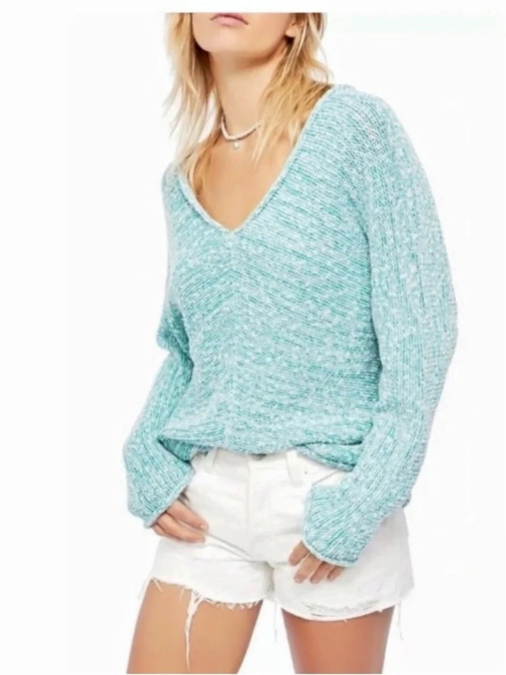 Free People Bright Lights V-Neck Sweater blue Small